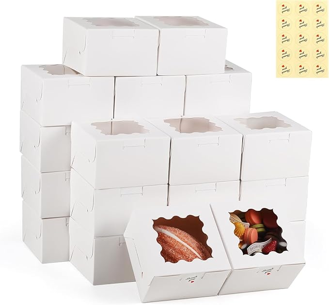 20 Pack Cookie Boxes with Window, 4x4x2.5 Inch White Bakery Box, Kraft Paper Treat Boxes for Pastries, Cookies, Pie, Donuts, Macaron, Strawberry Boxes withTag