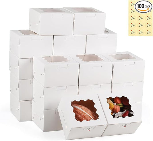 100 Pack Cookie Boxes with Window, 4x4x2.5 Inch White Bakery Box, Kraft Paper Treat Boxes for Pastries, Cookies, Pie, Donuts, Macaron, Strawberry Boxes withTag