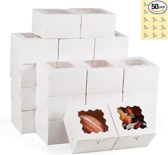 50 Pack Cookie Boxes with Window, 4x4x2.5 Inch White Bakery Box, Kraft Paper Treat Boxes for Pastries, Cookies, Pie, Donuts, Macaron, Strawberry Boxes withTag