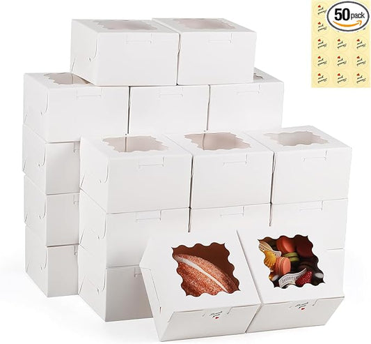 50 Pack Cookie Boxes with Window, 4x4x2.5 Inch White Bakery Box, Kraft Paper Treat Boxes for Pastries, Cookies, Pie, Donuts, Macaron, Strawberry Boxes withTag