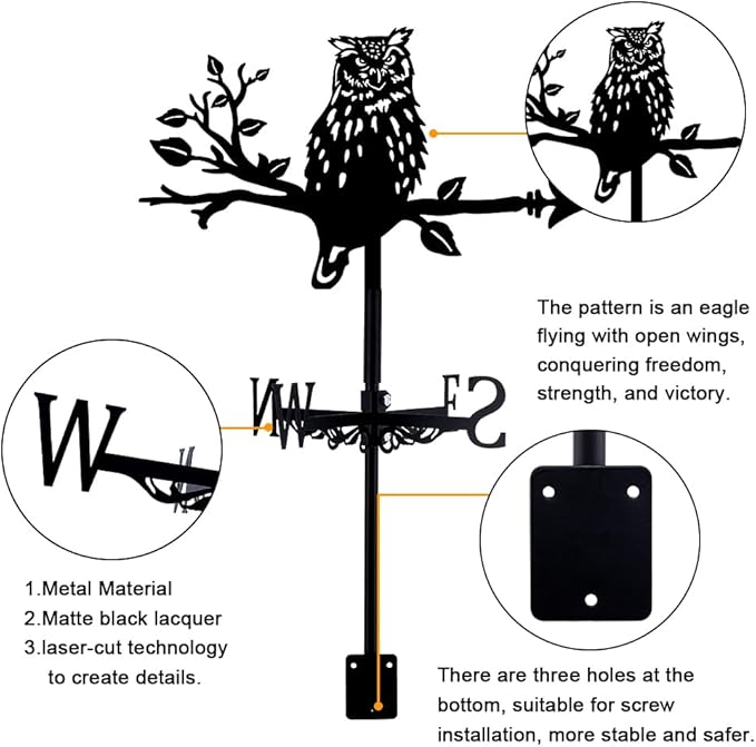 SUPERDANT Owl Weathervane Wrought Iron Wind Vane Owl on Branch Animal Metal Weather Vane Roof Garden Direction Sign Weathercock Outdoor Farmhouse Decoration Garden Wind Measuring Tool