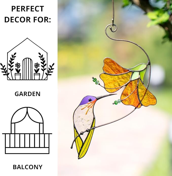 Multicolor Hummingbird Handmade Stained Glass Suncatcher Genuine Stained Glass Window Hangings Unique Indoor Ornament & Outdoor Decor (Hummingbird with Hibiscus)