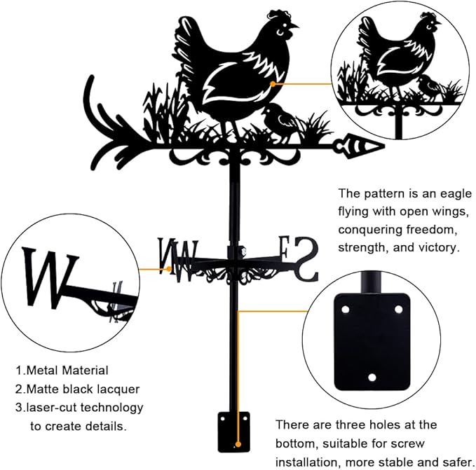 SUPERDANT Hen Weather Vane Chicken Wind Vanes for Yard Animals Metal Weathervane Roof Mount for Gardens Outside Black Weathervanes Farmhouse Farm Barn Sheds Patio Coop Outdoor Decorations
