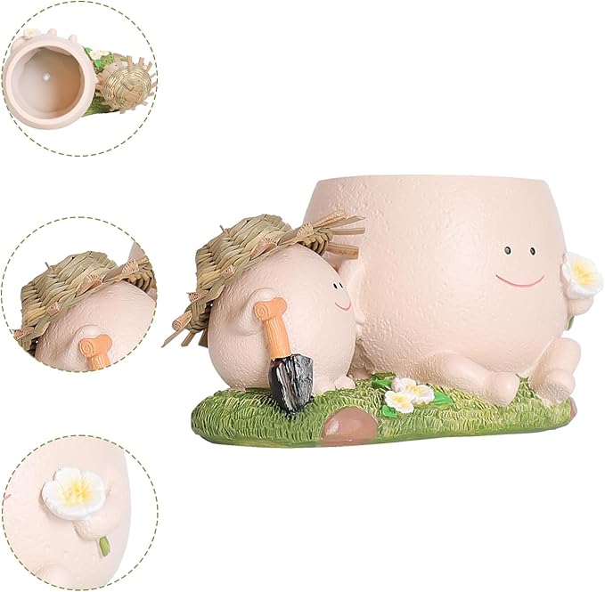 Smily Face Planter Pot with Cute Straw Hat Resin Head Planters with Drainage Hole for String of Pearls Plant Live Unique Succulent Pots for Indoor Outdoor Plants Gift IdeaI for Mother