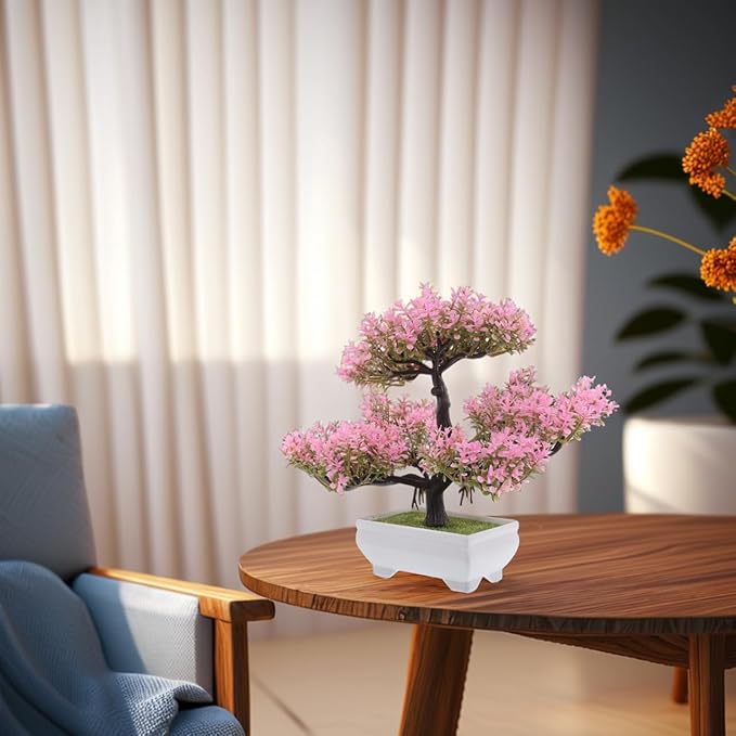 Pink Faux Bonsai Tree Simulated Small Plastic Desk Plant for Home Decor Mini Artificial Bonsai Plant for Living Room and Office Decoration