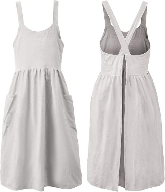 Uaussi Cotton Linen Apron Cross Back Work Apron for Women with Pockets Pinafore Dress X Cross Halter Apron for Chef Gardening