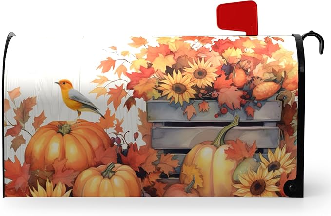 Fall Sunflower Mailbox Covers Magnetic Standard Size Autumn Bird Mailbox Cover Maple Leaf Thankful Pumpkin Mail Box Post Cover Waterproof Thanksgiving Mail Wraps for Garden Yard 21x18 Inch