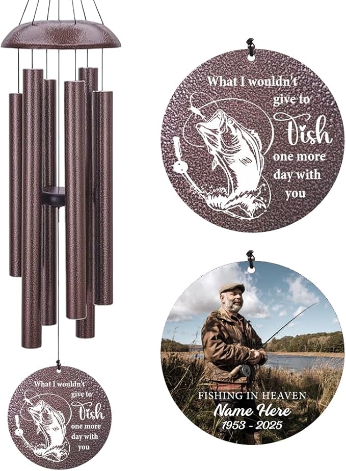 Personalized Wind Chimes, 36inch Sympathy Wind Chime, in Loving Memory for Loss of Loved Grandpa/Dad Loves Fishing in Heaven, Metal Large Memorial Condolences Gifts (Produced in USA)