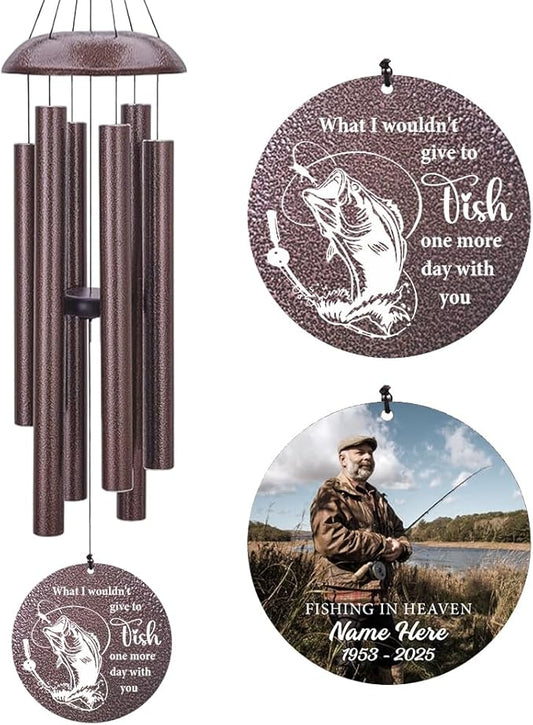 Personalized Wind Chimes, 36inch Sympathy Wind Chime, in Loving Memory for Loss of Loved Grandpa/Dad Loves Fishing in Heaven, Metal Large Memorial Condolences Gifts (Produced in USA)