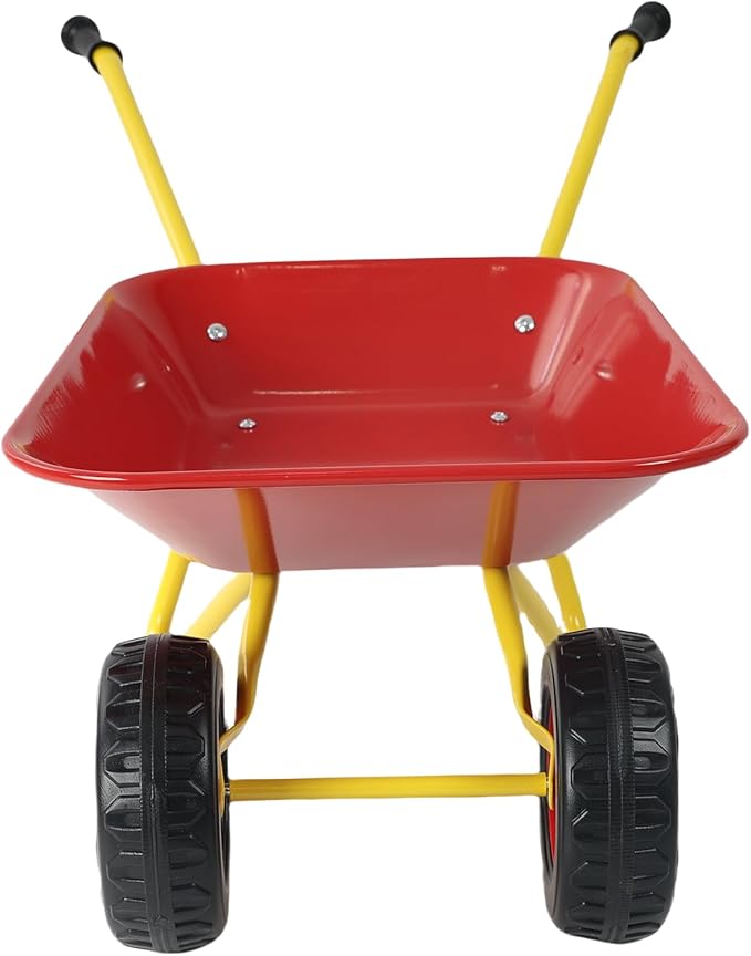 Kids Metal Wheelbarrow Trolley, Two-Wheeled Heavy Duty Utility Cart, Steel Pallet Tray Garden Cart for Children Outdoor Sand Toy Transport