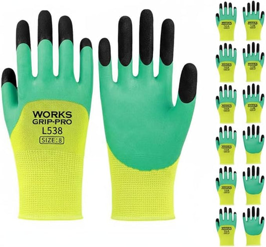 Pro L538 Safety Work Gloves, Green and Yellow, Latex Rubber Coated, Size 8, for Construction, Gardening, Warehouse, Assembly