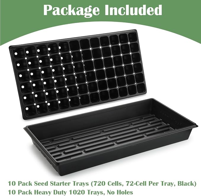 10 Pack 1020 Trays No Holes and 10 Pack 72 Cell Seed Starter Tray, 20" x 10" - Heavy Duty Reusable Plastic Seed Starter Kit for Microgreens, Seed Germination & Plant Propagation (10 Sets)