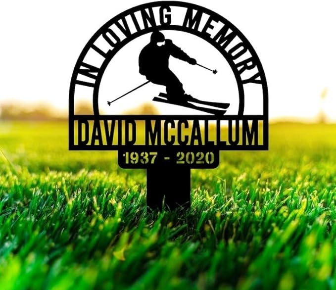 Custom Skiing Memorial Metal Stake – Personalized Grave Marker, In Loving Memory, Skier Cross, Sympathy Yard Art (Skiing Memorial)