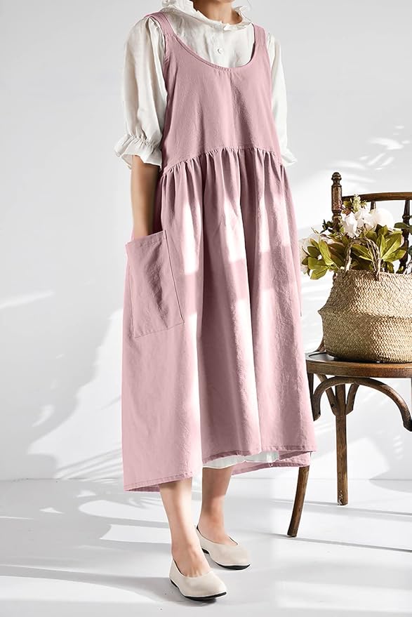 NEWGEM Cotton Linen Cross Back Apron for Women with Pockets Cute Japanese Korean Style Pinafore Dress Pink