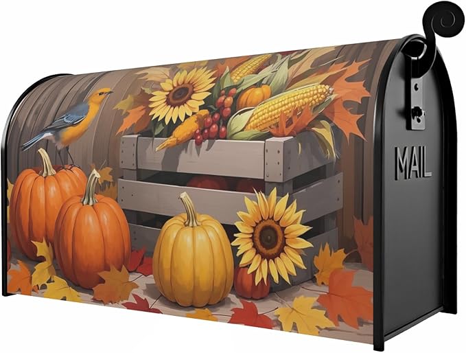 Fall Thanksgiving Mailbox Covers Magnetic Standard Size Autumn Pumpkin Birds Sunflower Harvest Themed Seasonal Outdoor Decorative Letter Box Cases for Home Garden Outside Decor, 21x18 Inch