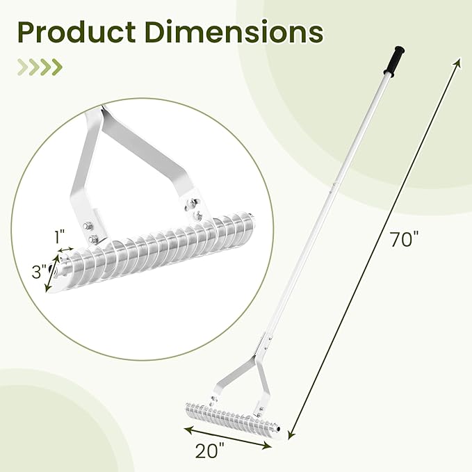 70" Thatch Rake, Lawn Thatching Rake with 20" Wide Adjustable Head, Double Sided Design, 19 Curved Tines & Non-slip Handle, Garden Landscaping Tool Lawn Dethatcher for Yard, Garden & Beach