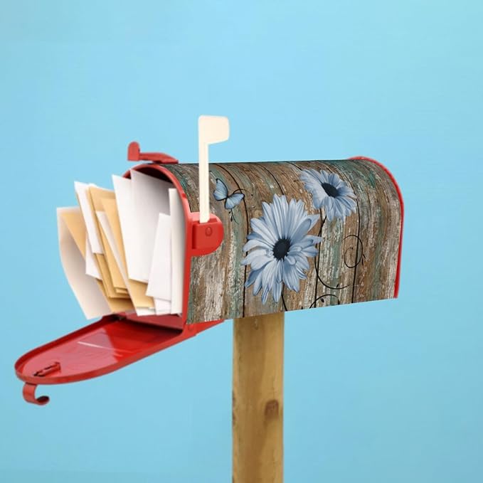 Rustic Daisy Board Mailbox Cover Magnetic, Blue Sunflowers Vintage Wood Grain Plank Mailbox Wrap Letter Post Box Cover for Yard Garden Outside Home Decor, Standard Size 21x18 Inch