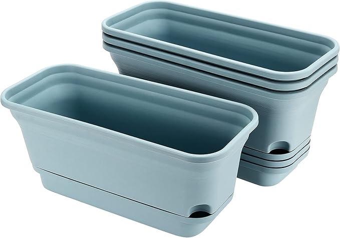 Set of 4 Flower Window Box Plastic Vegetable Planters with Trays, 15" Rectangle Self Watering Flowerpot, Garden Plant Decorative Pots for Windowsill, Indoor Outdoor, Succulents, Blue