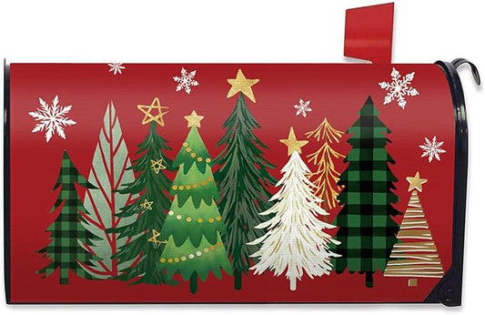 Christmas Tree Red Mailbox Cover Magnetic Standard Size 20.5" x 18", Xmas Pine Trees Decorative Post Letter Box Wrap Decor, Winter Holiday Snowflake Garden Yard Outdoor Decoration
