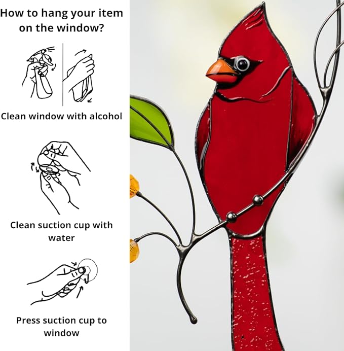 Christmas Stained Glass Ornaments Stained Glass Birds Handmade Product Home & Garden Gift for Mom Grandma (Red Northern Cardinal)