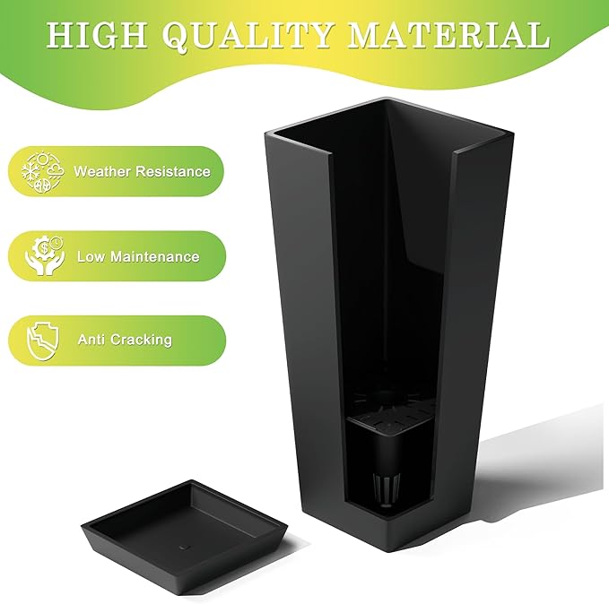 Set of 4 24" Tall Plastic Planters with Trays, Large Tapered Plant Pots for Indoor Outdoor Use, Modern Decorative Planters for Porch, Patio, Garden, and Backyard