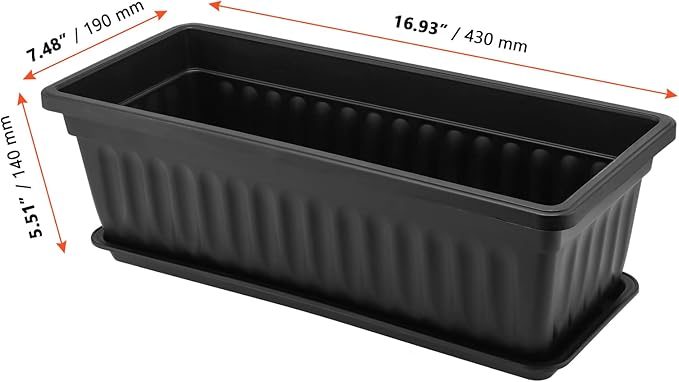 SINJEUN 6 Pack 17 Inch Rectangle Flower Window Box, Plastic Rectangular Vegetable Planters with Trays and Plant Labels, Rectangular Windowsill Planter for Porch, Balcony, Home Decor, Black