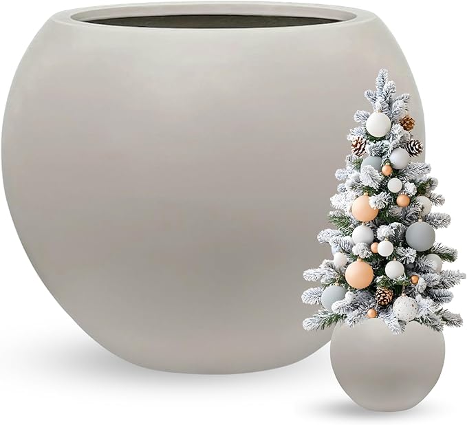 9.7" H x 12" D Globo Fiberstone Round Planter - Christmas Tree Planter, Smooth Finishes, Weather Resistant for Indoor & Outdoor Use, Included 2 Extra Coco Mats (Taupe, 7.8" Pot Opening)