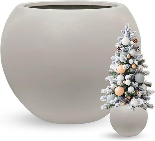 9.7" H x 12" D Globo Fiberstone Round Planter - Christmas Tree Planter, Smooth Finishes, Weather Resistant for Indoor & Outdoor Use, Included 2 Extra Coco Mats (Taupe, 7.8" Pot Opening)
