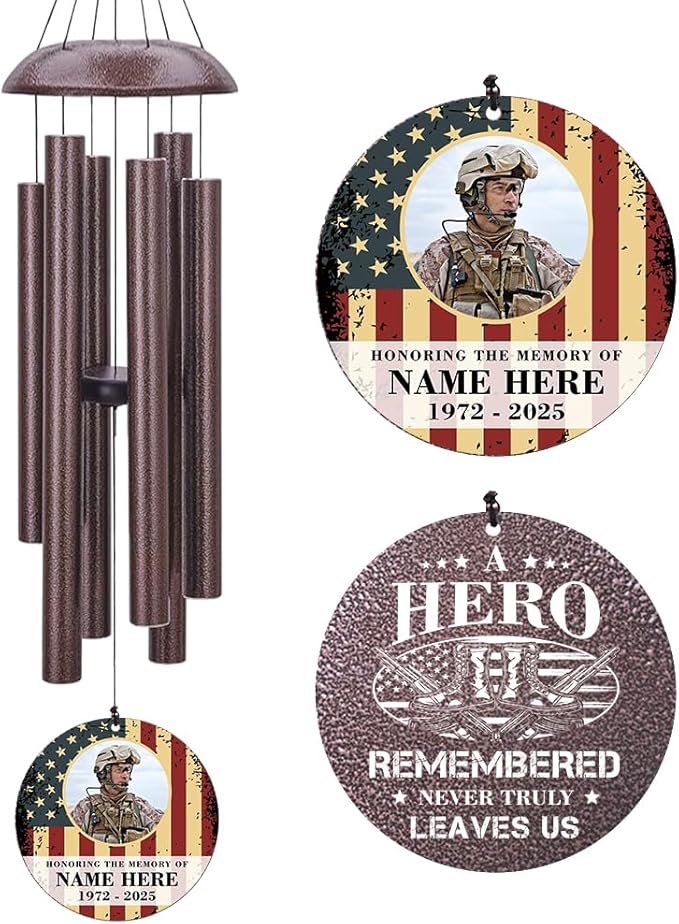 36inch Personalized Wind Chimes, Memorial Wind Chimes for US Veteran, Wind Chime for Loss of Loved Dad/Mom, Sympathy Memorial Gifts, Thank You Veteran Solider (Produced in USA)