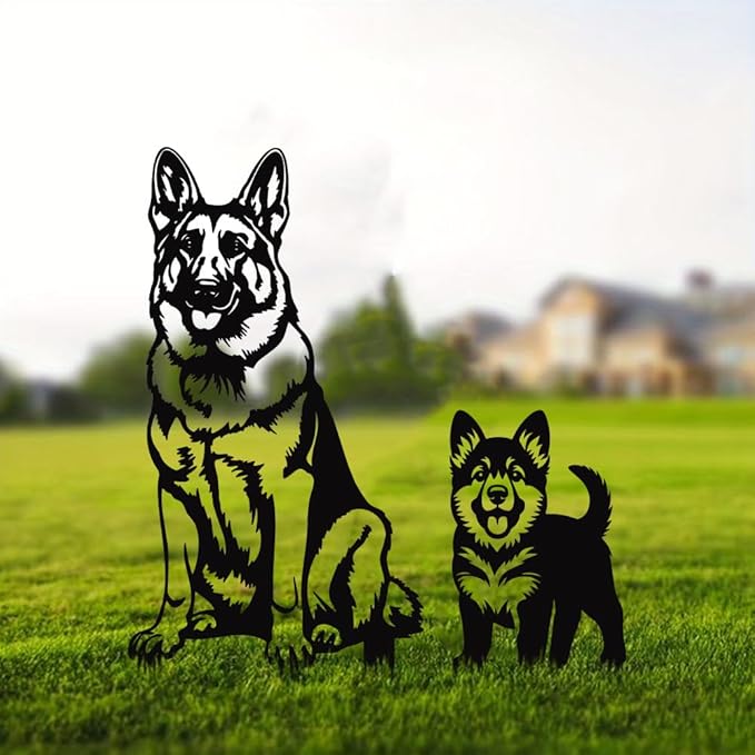 Metal Garden Dogs German Shepherd Stakes(2 Pack), German Shepherd Garden Statue for Women/Men Dog Lovers Gifts for Lawn Ornaments, Garden Decorations, Yard Art
