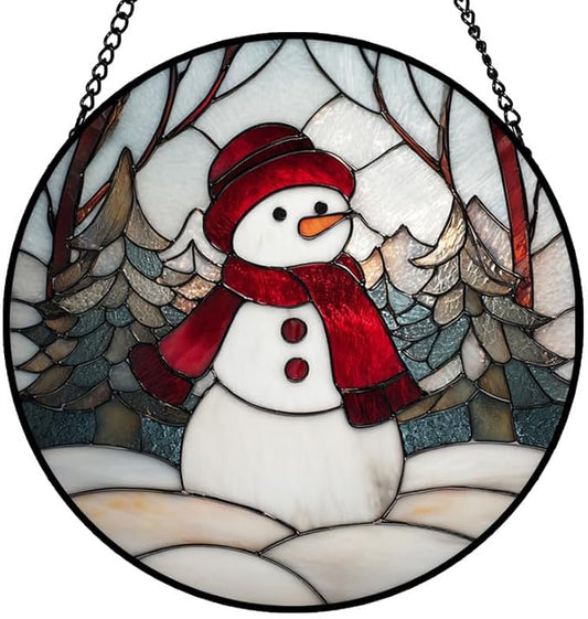 Stained Glass Window Hanging – 7.8 in Snowman Panel with Chain， Winter Holiday Bathroom Front Door Living Room Garden Decor， Gift for Mom Wife Lovers