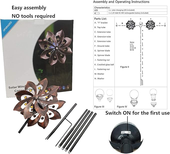 Solar Copper Wind Spinner with Glass Ball Color Changing LED Lighting with Kinetic Wind Mill Dual Direction for Patio Lawn Garden Holiday Decoration…