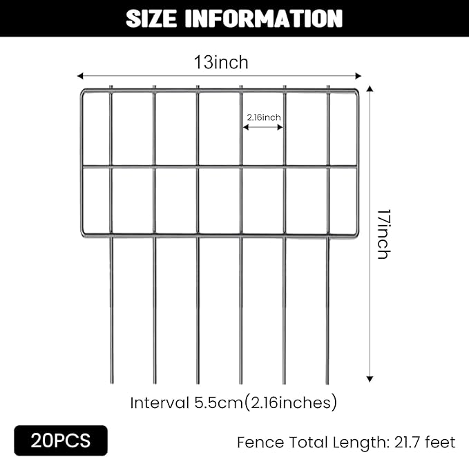 20 Pcs Animal Barrier Wire Fence 17In(H) X21.7Ft(L) Rustproof Metal Wire Garden Border Fence 2.16in Gap Metal Small Fence Panels for Dog Rabbits Decorative Garden Yard Patio