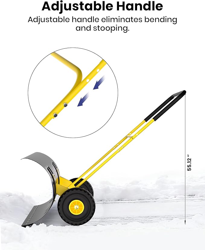 Snow Pusher with Wheels for Driveway, 29.5" Wide Heavy Duty Steel Blade, 2-Position Height Adjustment & 60° Tilt Handle, Ergonomic Push Snow Shovel with Ground Protection for Effortless Snow Removal
