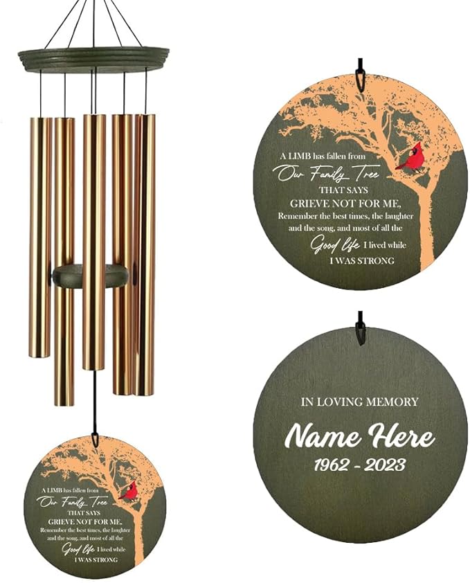 Personalized Sympathy Wind Chimes 36inch, Custom Memory Words for Loss of Loved, Cardinal Commemorative Sympathy Gifts, Decorative Wind Chime Outdoor (Produced in USA)