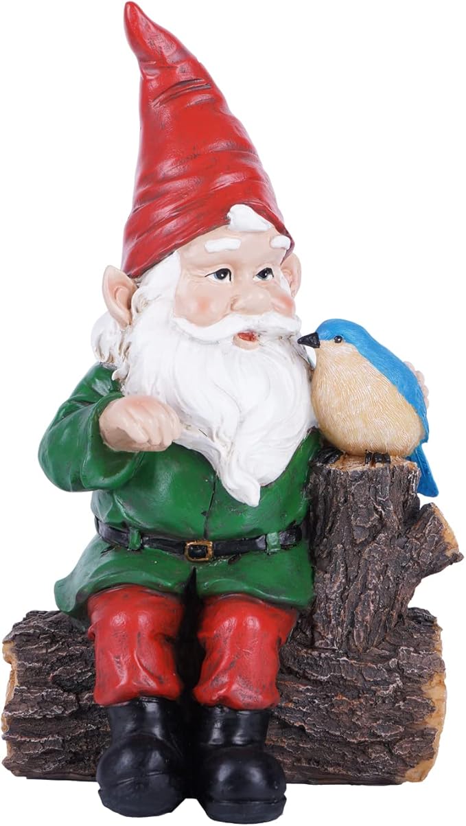 Topadorn Garden Gnome Statues with Bird Resin Sculpture Gnome Sitting on The Stump Outdoor Statues for Outdoor Garden Decor