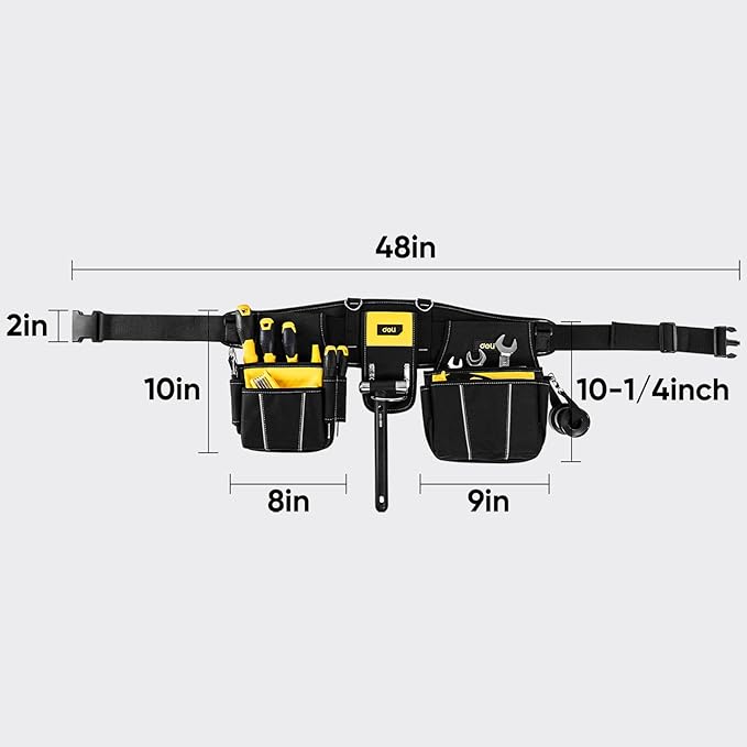 DELI 22 Pocket Black and Yellow Heavy Duty Tool Belt for Man, Construction Tool Belt, Work Apron, Tool Pouch, with Poly Web Belt Quick Release Buckle Adjustable Max Up to 50"