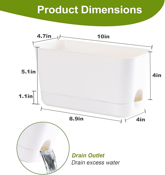 10 Inch Self Watering Planters for Indoor Plants: 2 Packs Rectangular Plant Pots with with Drainage and Tray, Window Pot Self Watering Planter for Herb, Houseplants