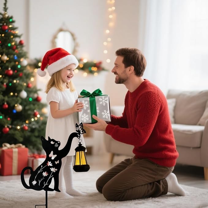 Metal Black Cat Christmas Decorations Outdoor Solar Lights Outdoor Garden Stakes Decorations Lawn Ornament Yard Art Gifts for Women Men Cat Lovers Gifts(1pc)