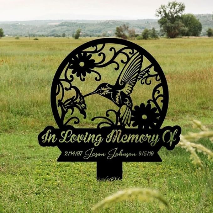Personalized Hummingbird Memorial Metal Stake – Custom Name Sign, In Loving Memory, Sympathy Grave Marker (Hummingbird Memorial)