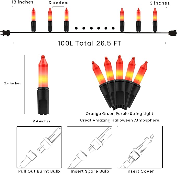 Thanksgiving Decorations Mini Orange Christmas Lights – 100 Count Mini Incandescent, 26.5ft Black Wire, UL Listed Connectable Pumpkin Lights for Porch, Patio, Fall Decor