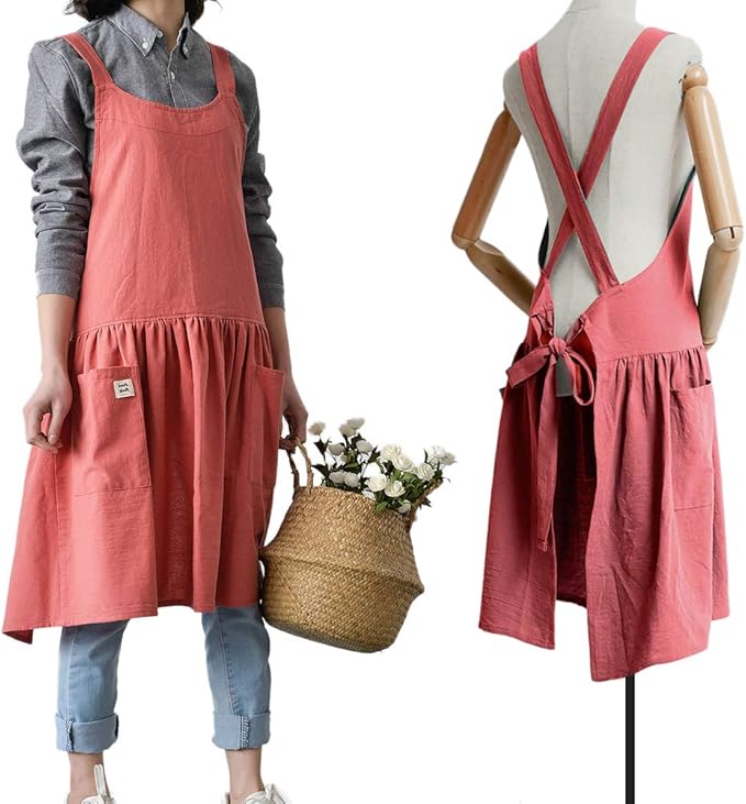 NEWGEM Cotton Linen Cross Back Apron for Women with Pockets for Painting Cleaning Grapefruit Red with Waist Ties