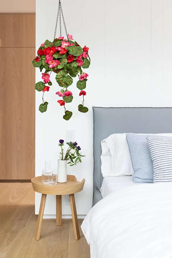 Briful Small Geraniums Fake Flowers Hanging Basket, Realistic Silk Vine Faux Flowers,Begonia Artificial Flowers, 5 ⅞’’ Coconut Basket, for Home Farmhouse Balcony Indoor Outdoor Patio Garden Decor