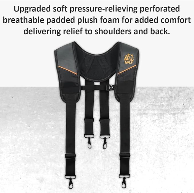 WOLF WTH2115 Padded 4-point Suspenders for Tool Work Belt | Universal Breathable Comfort Lightweight | Contractors Handyman | Pain Stress Relief Weight Distribution