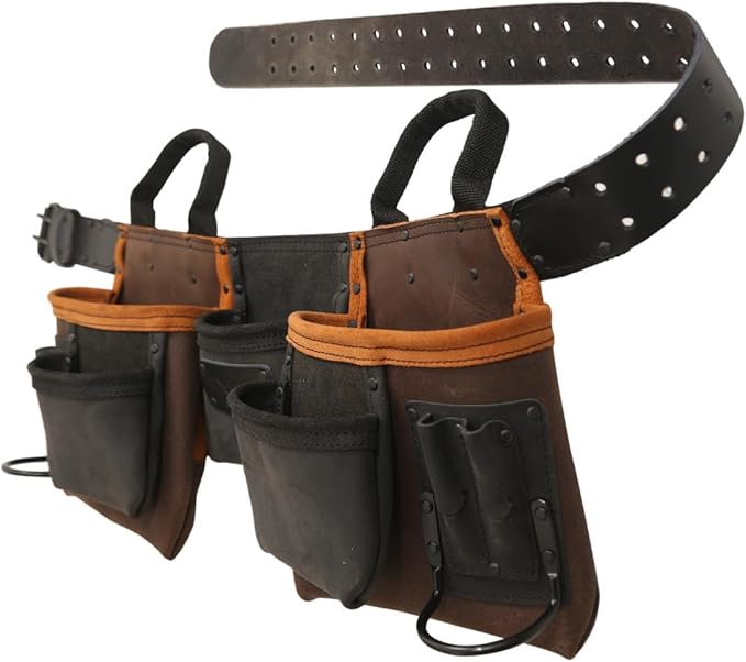 Widebrown Leather Tool Belt, 11 Pockets, Dark Brown, Metal Buckle Closure,(28-54) Inch Waist