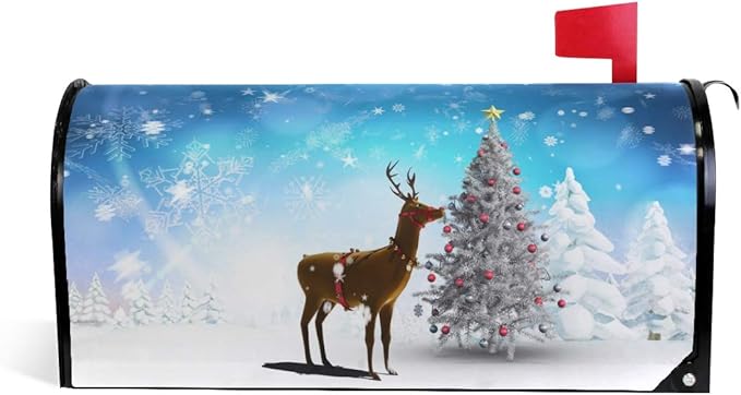 WOOR Christmas Tree and Reindeer Magnetic Mailbox Cover Oversized for Garden Yard Outdoor Decorations-25.5" x20.8