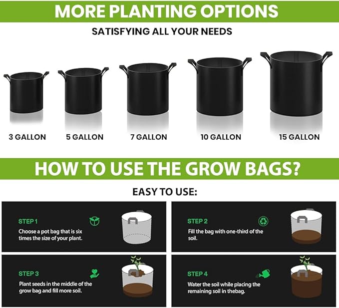 Gardenera Thickened Nonwoven Fabric Grow Bags - 7 Gallon Planters with Handles for Vegetables, Flowers, and Mushrooms, Lightweight and Easy to Transport for Urban Gardening