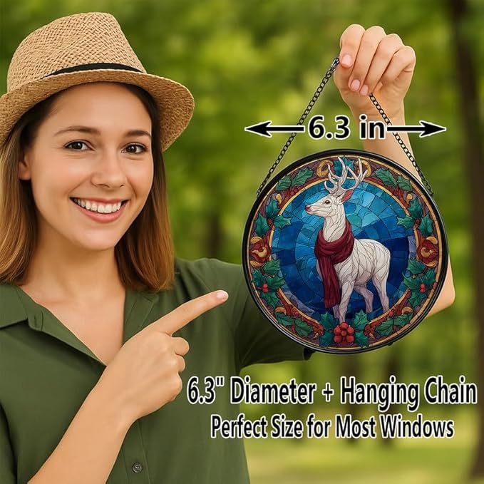 Stained Glass Window Hanging – 6.3 in White Reindeer Panel with Chain， Bathroom Front Door Living Room Garden Christmas Decor， Gift for Mom Wife Lovers