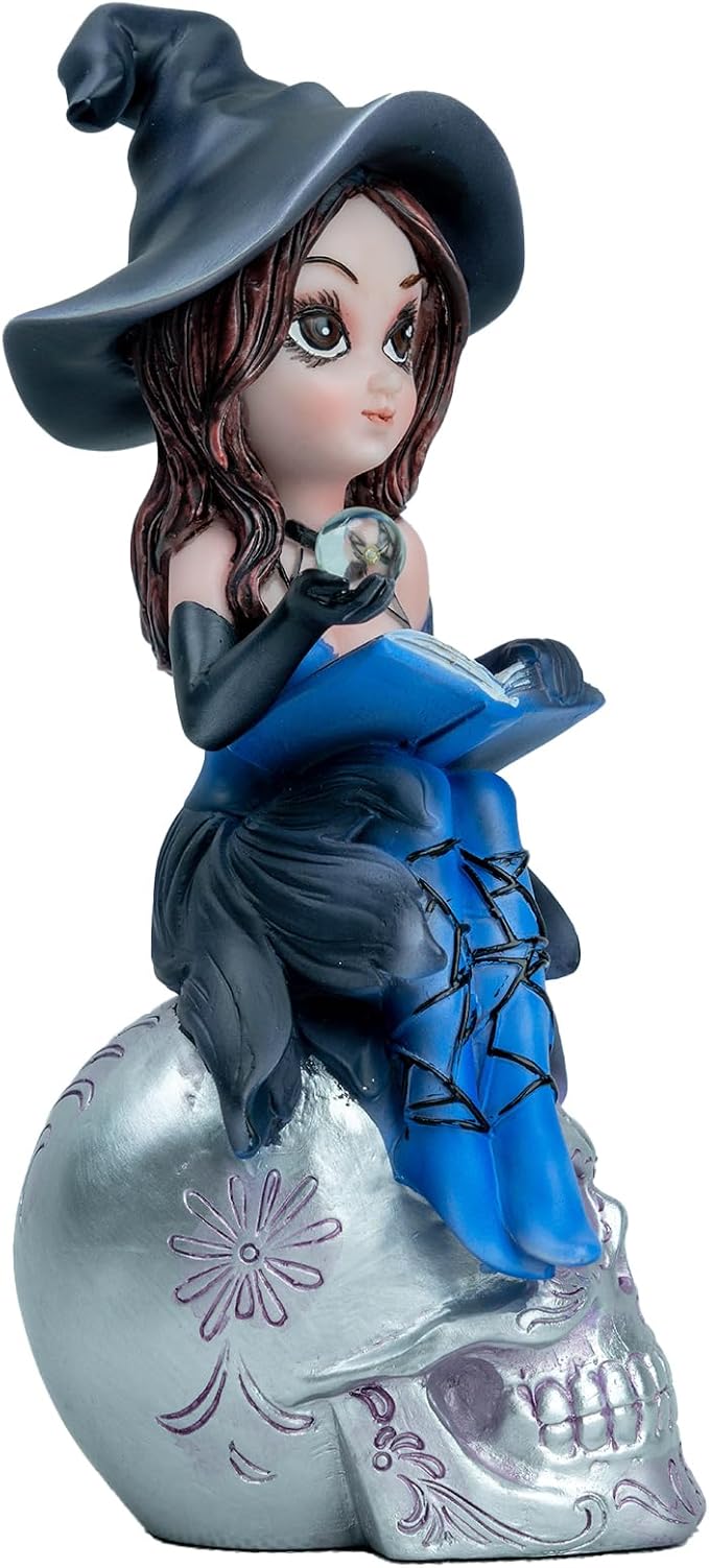 Fairy Figurine Set, Piece Decorative Collectible Statues Blue Witch Statue on Skull - Gothic Home Decor, Halloween Resin Sculpture Mystical Witch Figure with Black Hat & Detailing