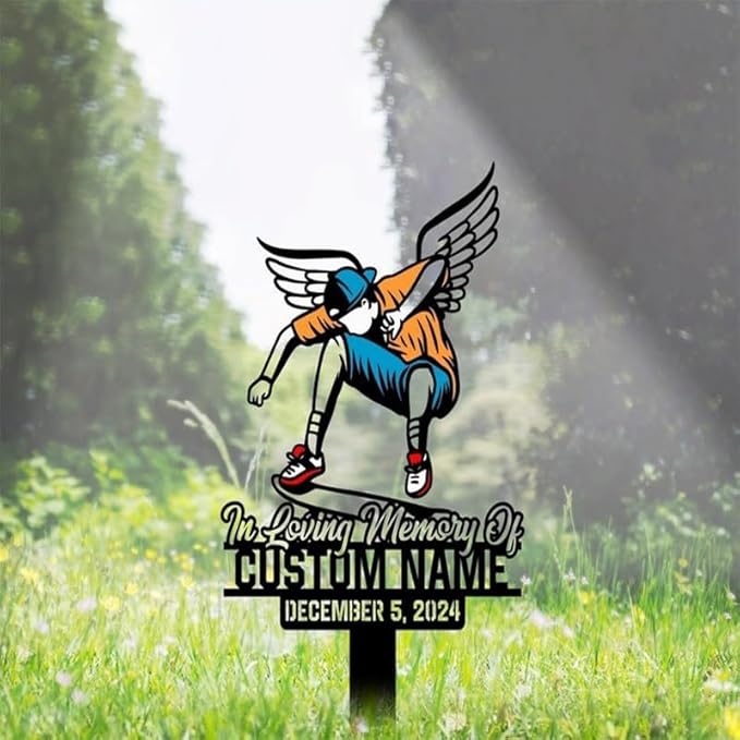 Custom Skateboarder Memorial Metal Stake – Personalized Sports Player Grave Marker, Yard Garden Stake, Outdoor Memorial Decor (Skateboarder Memorial)